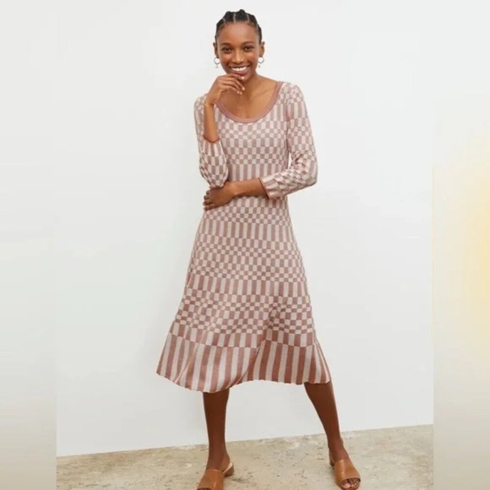 MM Lafleur The Tippy‎ Dress Checkered Knit Clay & Cream Medium - $279